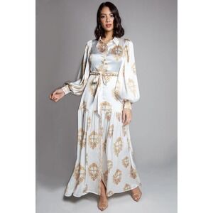 Shirt Style Cross Print Maxi Dress Women S White Gold Puff Bishop Sleeve Easter